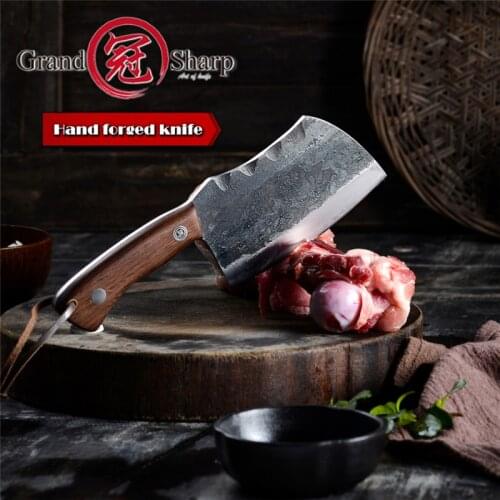 Grandsharp Handmade Cleaver Hand Forged Chef Knife Vegetable Kitchen Knives Slicing Cooking Tool Camping Gadget Full Tang Handle