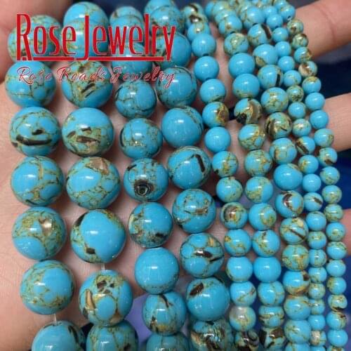 Wholesale Natural Blue Shell Howlite Turquoises Stone Beads Round Loose Beads For Jewelry Making DIY Bracelets 4 6 8 10 12mm 15"