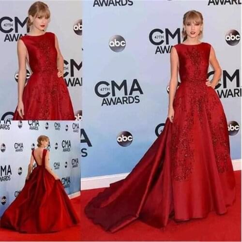 Sexy Open Back Red Evening Dresses Jewel Neck A Line Designer Long Prom Party Wear Lace Beads Women Girls Pageant Gowns Engageme