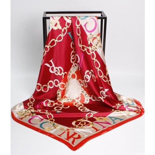 FXAASS Bandana Women Hijab Square Scarf Fashion Ladies Retro Luxury Silk Scarf Shawls Chain Print 90*90cm Large Cape Headscarf