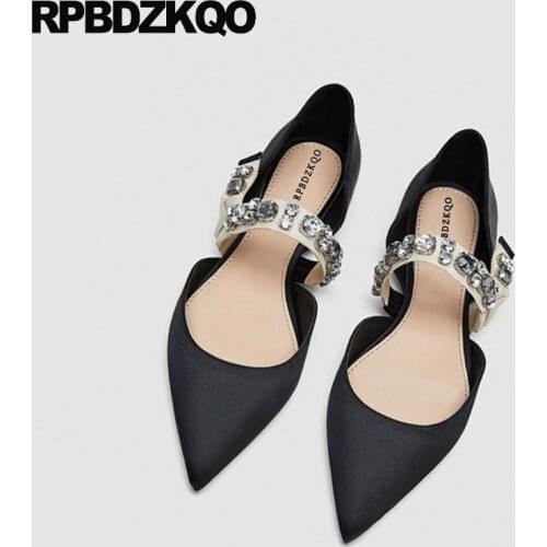 Flats Summer Women Dress Shoes Wedding Sandals Satin Designer Black Rhinestone Silk Mary Jane Italian 2018 Pointed Toe Crystal