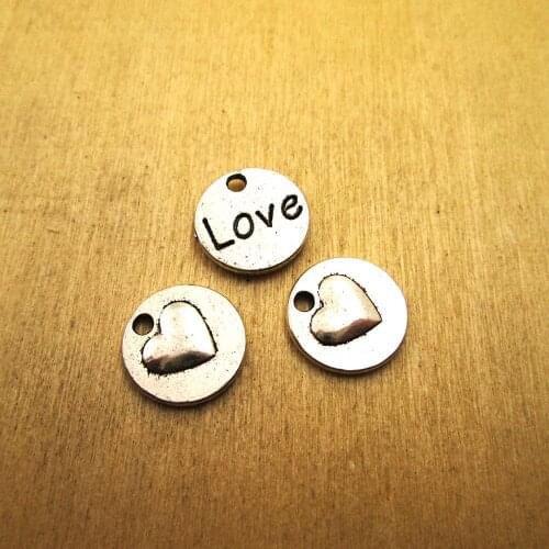 20pcs- 14mm love heart disc Charms love heart disc charm pendants DIY necklace/ bracelets charms antique silver tone