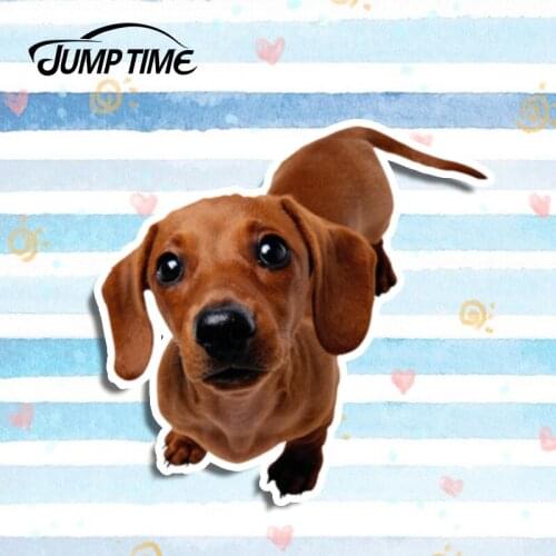 Jump Time 13cm x 12.5cm Funny Stickers Dachshund Pet Dog 3D Car Styling Vinyl Decal Personality Waterproof Accessories