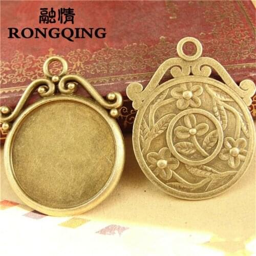 RONGQING 40pcs/lot Flower Tree Patterns Antique Bronze Silver Metal Round 25mm Cabochon Pendant Settings Charms