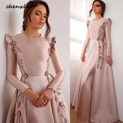 Pink Long Formal Evening Gown Satin Muslim Beads Detachable Train Prom Gown Women vestidos de fiesta Custom Made