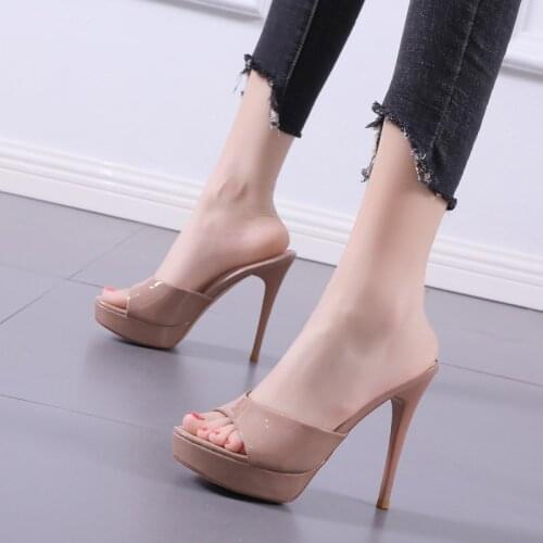 2021 Summer Women Pumps Patent Leather Fish Mouth Ladies Heel Mules Thin High Heels Sandals Slippers Female Fashion Woman Shoes