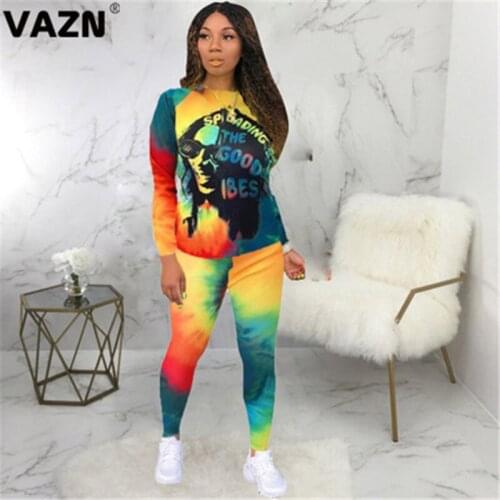 VAZN 2020 Top Quality Plus Size Free Sexy Young Soft Elastic Full Sleeve Group Long Pants Tracksuits Skinny Women 2 Piece Set