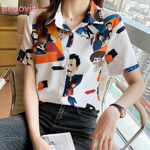 S-XXL 2021 New INS Korean Fashion Cartoon Summer Button Up Casual Short Sleeve Shirts Tops for Women Office Lady Work Clothes
