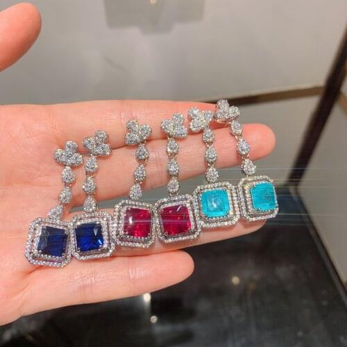 QTT Silver 925 Earrings for Women Natural Tourmaline Gemstone Dangle Earrings Square Stone Female Earrings Jewelry