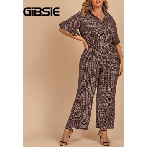 GIBSIE Plus Size Ruffle Sleeve Print Half Button Shirt Jumpsuit Women Summer High Waist Casual Wide Leg Jumpsuits Without Belt
