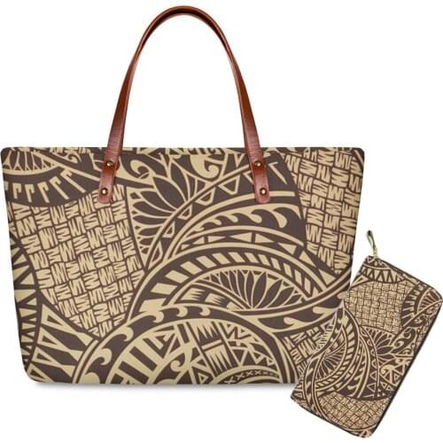 Women 2 Bags Set Ladies Casual Handbag Designer Polynesian tribal style Printed custom Leather Top-handle Wallets Large Capacity