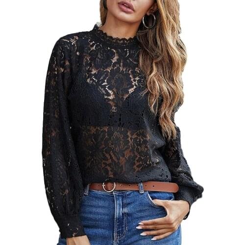 2021 Spring Lace Bottoming Top Womens Long-sleeved Fashion Inner Wear Temperament Stand-up Collar Black Hollow Sexy T-shirt