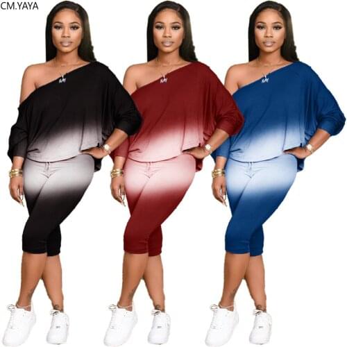 H1CM.YAYA Casual Gradient Print Womens Set Two Piece Set Off Shoulder Tops Knee Length Pants Suit Tracksuit Matching Set Outfit