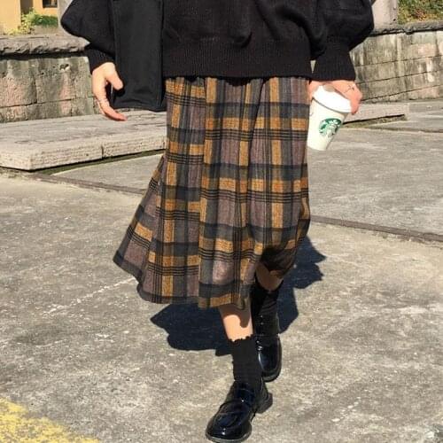 Winter Harajuku Female Party Skirt Streetwear 2021Autumn Vintage Wool Pleated Plaid Skirt Women High Waist Plus Size Long Skirt