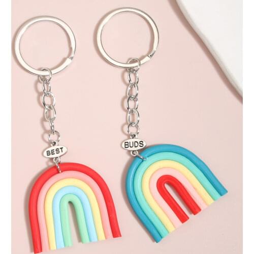 1set(2pcs) New Gradient Rainbow Keychain Best Buds Key Ring Handmade Colorful Arched Line Key Chain Friendship Bff Gift Jewelry
