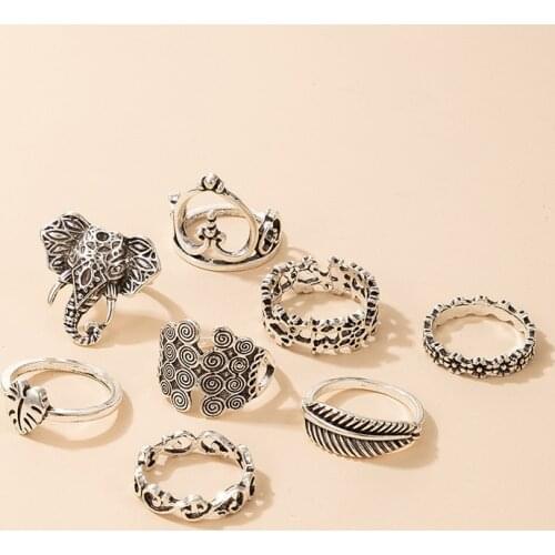 8Pcs Antique Boho Finger Rings Set Vintage Elephant Mid Finger Rings Set for Women Party Beach Jewelry