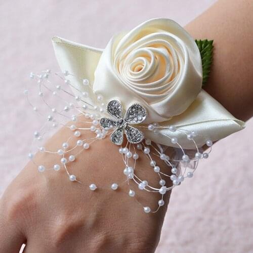 Boutonniere Wrist Corsage Wedding Bride Bridesmaids Hand Flower Artificial Pearl Silk Rose Bracelet Dancing Prom Party Decor