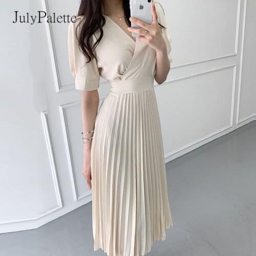 JulyPalette Spring Summer V-neck Pleated Dress for Women Elegant Long Chiffon Dresses Casual Solid A-line Vestidos Femme 2021