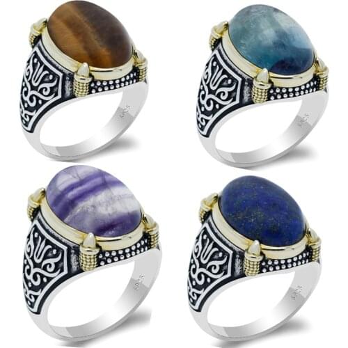 Real 925 Silver Ring For Men Natural Tiger Eyes/Lapis/Fluorite Stone Retro Punk Vintage Style Fashion Wedding Rings Fine Jewelry