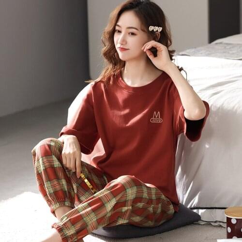 Summer Ladies 100% Cotton Short Sleeve Trousers Pajama Set Women Comfortable Lattice Plus Size Casual Home Clothes Pyjama Fille
