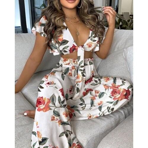 Summer Women Fashion 2 Piece Set Front Knot Ruffle Short Sleeve Print Crop Top And High Waist Wide Leg Pants Two Piece Outfits