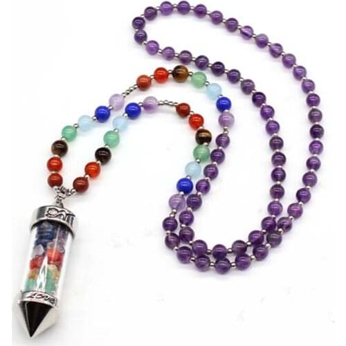 Trendy-beads Silver Plated Colorful Stone Pendant Strand Beads Chain Necklace Healing Chakra Jewelry
