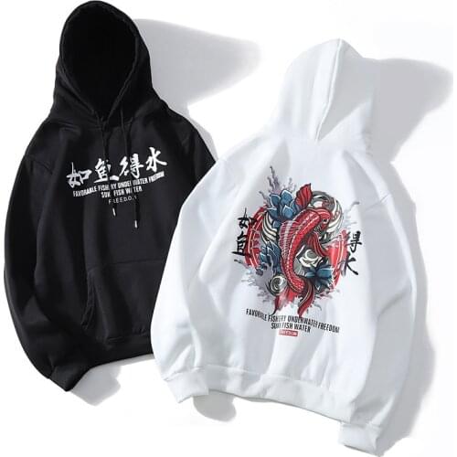 Fashion black white Men Cool Mens Hip Hop Hooded Hoodies Japanese Style Koi Casual Sweatshirts Streetwear Men Women Pullover