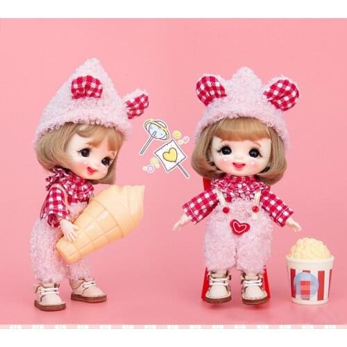 OB11 doll clothing fashion joker check shirt + pink love overpants + rabbit ears hat new three-piece check red suit