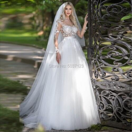 Beach A Line Wedding Dresses V Neck Long Sleeves Lace Appliques Bridal Gown Floor Length Button Illusion Vestido De Noiva