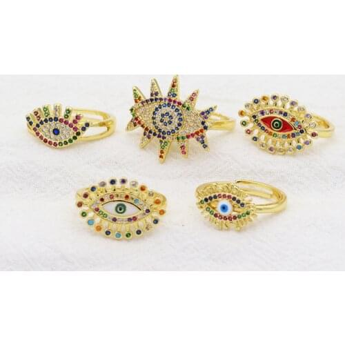18K Real Gold Plated Trendy Micro Pave Zircon Handmade Greek Evil Eye Rings For Women Men Open Adjustable Rings Supplies