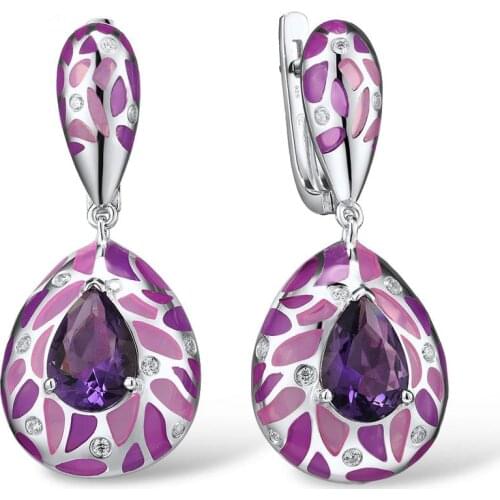 Luxury 925 Sterling Silver Jewelry Ladies Handmade Purple Enamel Drop Earrings Dazzling CZ Dangle Pendant Earrings Party Jewelry