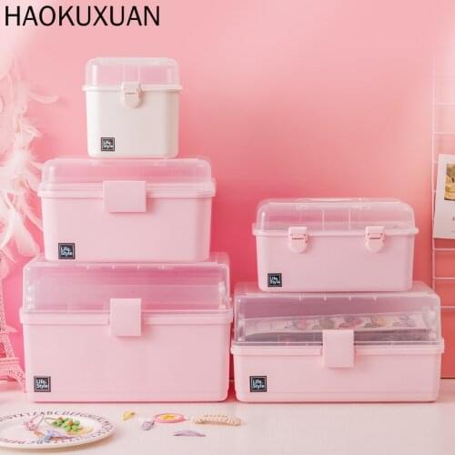 Pink Transparent Plastic Multilayer Children Hair Accessories Box Desktop Cosmetics Jewelry Manicure Three-layer Storage
