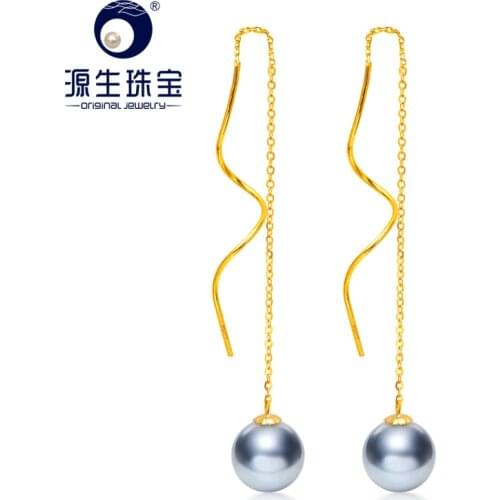 YS 18k Solid Gold 8-9mm Silver Blue Mirror Lustrous Japanese Akoya Hanadama Pearl Drop Earrings Wedding Fine Jewelry
