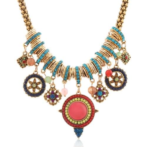 Vintage Bohemia Style Fashion Jewelry Gold-color Round Shape Colorful Resin Stone&Beads Pendants Statement Necklace for Women