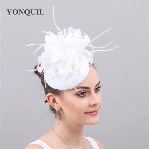 New Fashion White Fascinator Women Party Hats Bridal Feather Wedding Married Elegant Headwear Headbands Church Eace Headpiece