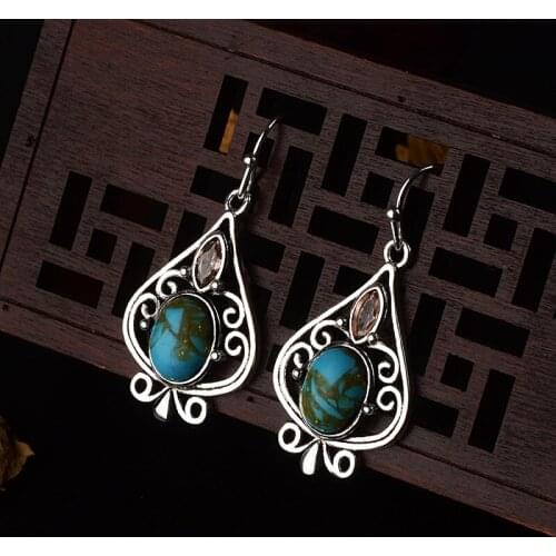 Female Antique Vintage Bohemia Earrings India Fashion Jewelry Silver Plated Blue Moonstone Hollow Earring for Women Gifts