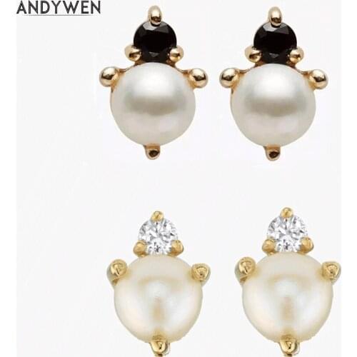 ANDYWEN 925 Sterling Silver Women Pearl Stud Earring Women Black Zircon CZ Crystal Luxury Ear Jewelry For Valentines Day Gift