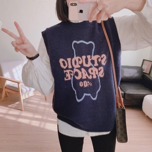 Cute Sweater Vest Women 2021 Korean Style Casual Letter Bear Pattern Sleeveless Pullover Waistcoat Knitted Tank Top Gilet T632