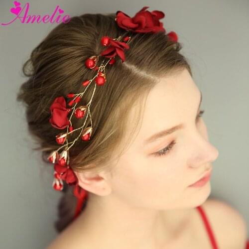 Girl Hair Wreath Vine Bridal Headpiece Tiara Red Flower With Pearl Accessories For Romantic Wedding Headband
