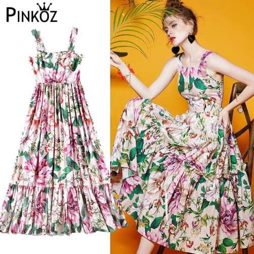 Pinkoz Runway Designer Summer Womens Dress Floral-Print Peony Flower Vacation Spaghetti Strap Midi Dresses Party Birthday Sweet