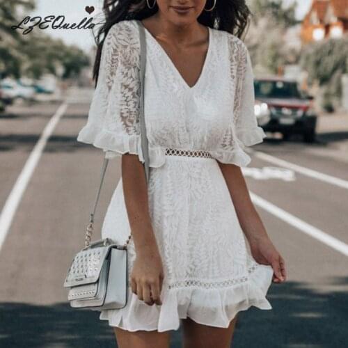 LZEQuella Women White Hollow Out V Neck Dress Summer Embroidered Mid Sleeve Sexy Split Back Mini Party Dress Ladies Clothing