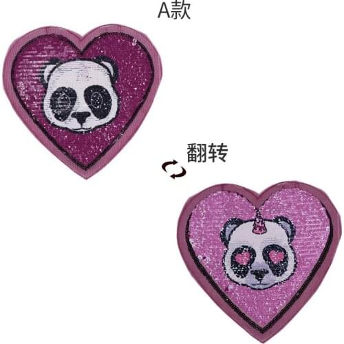 2PCS Cat Print Heart-shaped Sequins EMB Applique Sew On Patch DIY Embroidered Bling Panda Sequin Patch double-faced Reversible