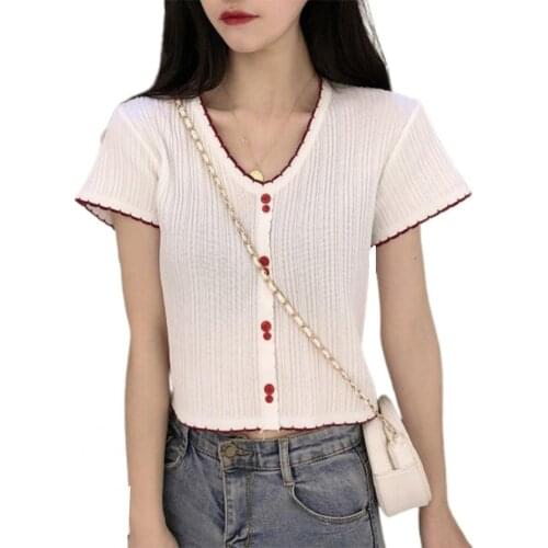 Women T-shirts Short Sleeves Single-breasted Sexy V-neck Skin-friendly Ribbed Knit Tee Tops Womens Clothing футболка женский