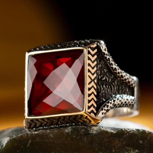 Faceted Square Red Zircon Gemstone Ring Vintage Turkish Jewelery Handcarved Men Accessories Modern Luxury Silver Ring