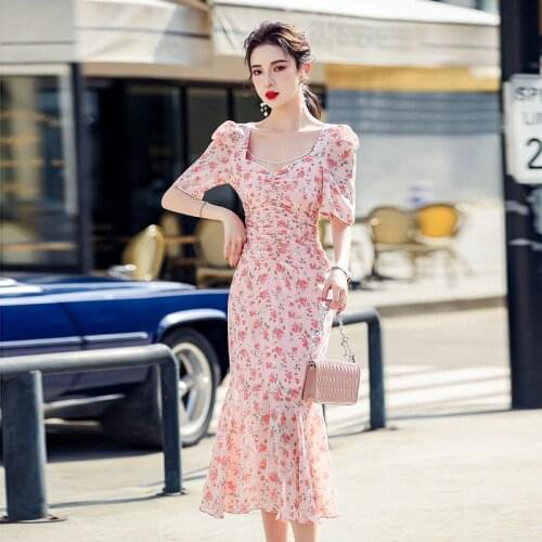 JSXDHK Fashion Women Flower Chiffon Long Dress Summer Beading Ruffles Pink Square Collar Floral Printed Bodyconn Holiday Dress