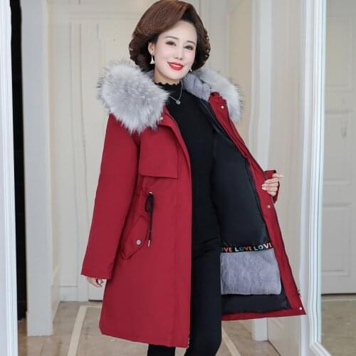 Middle-Elderly Hooded Plush Collar Coat Winter Wear Large On Both Sides Coat Women Loose Hooded Cotton Mid-long Parker Clothes
