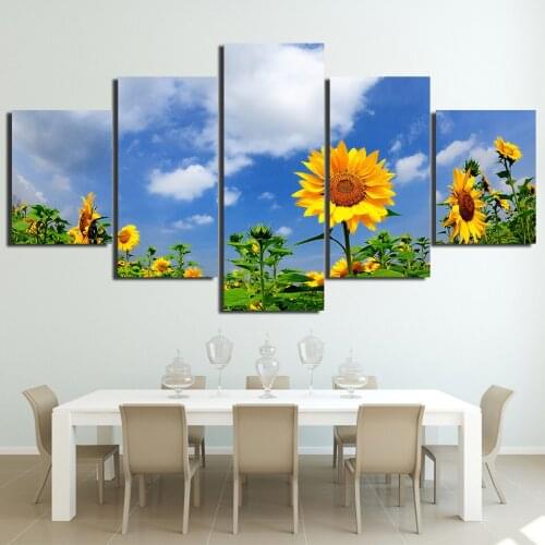 Canvas Posters Art Framework 5 Pieces Sunflower Under Blue Sky Paintings Prints Flower Field Modular Living Room Decor