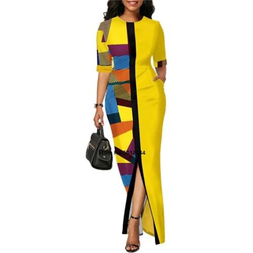 Ladies Fashion Half Sleeve Dress Women Elegant Round Collar Geometric Printing Splicing Temperament Maxi Dress For Ball Party