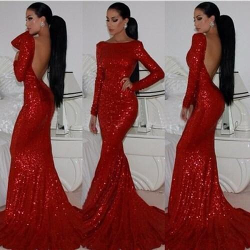 2019 Hot Selling Bling Bling Red Evening Dresses Bateau Neck Long Sleeve Backless Sequins Mermaid Sexy Formal Gowns Custom E14