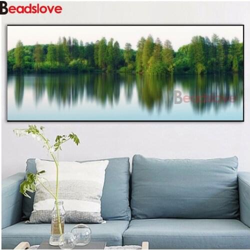 Large Lakeside Forest Panorama Picture full 5d diy diamond Painting cross stitch diamond embroidery sale
